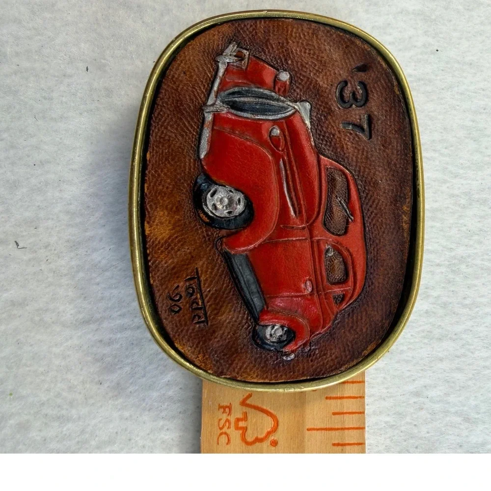 Vintage 1990 Todd Handcrafted Leather 1937 Car Solid Brass Belt Buckle Red Car